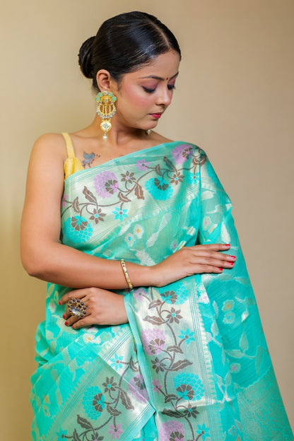 Banarashe Aqua Blue SuperNet Banarasi Kora Paithani Saree