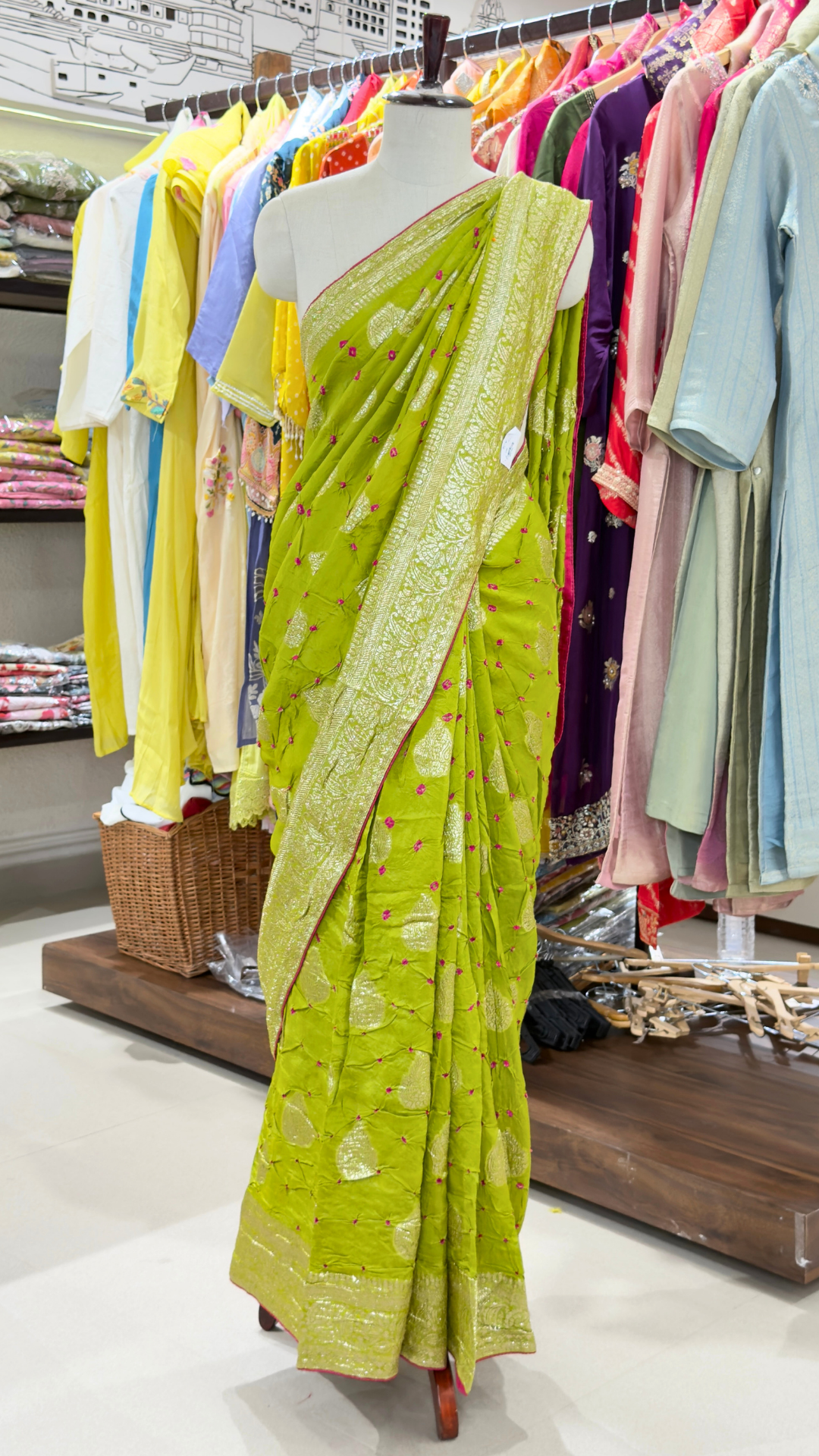 Banarashe Women’s Lime Green Banarasi Saree with Golden Buti Motifs & Woven Paisley Border