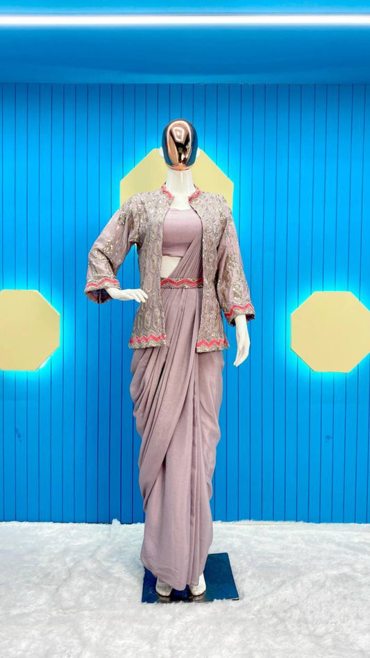 Lavender & Peach Pre-Draped Saree with Embellished Shrug