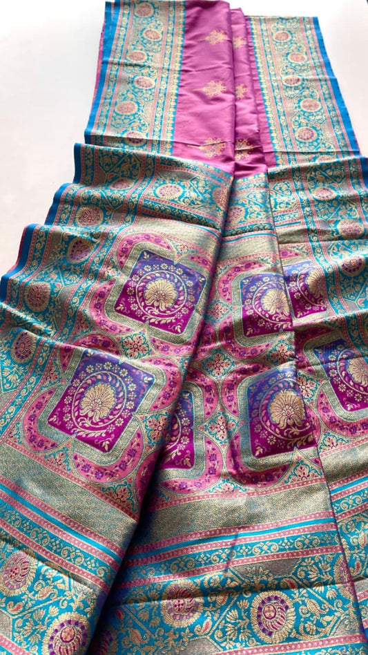 Banarasi Katan Silk Saree in Hot Pink and Sky Blue