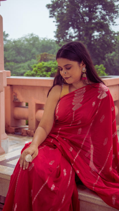 Scarlet Red Semi Raw Mango Katan Silk Saree