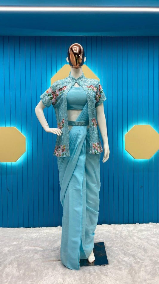 Sky Blue Chinon Ready-to-Wear Saree with Sequin Half Sleeve Koti