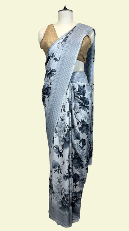 Icy Blue Floral Print Synthetic Saree