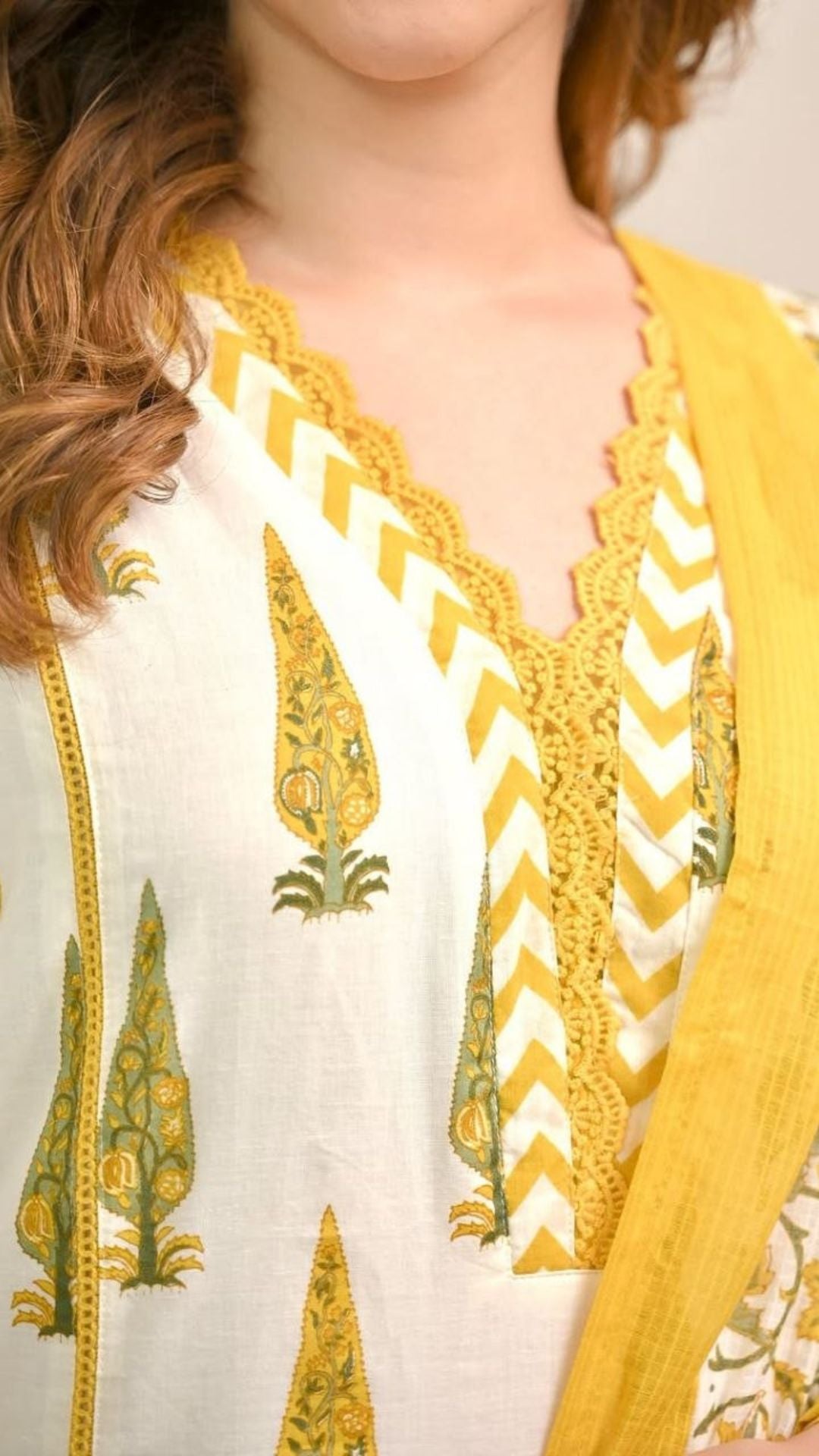 Ivory Cotton Kurta Set with Bagru Print & Mustard Dupatta