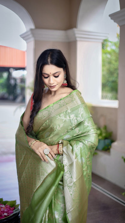 Parrot Green Katan Mashru Silk Saree