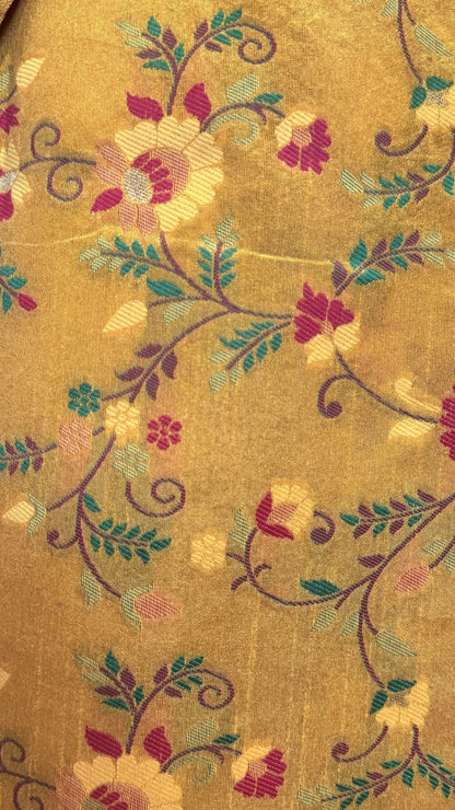 Mustard Banarasi Cotton Saree with Floral Meenakari Weaving