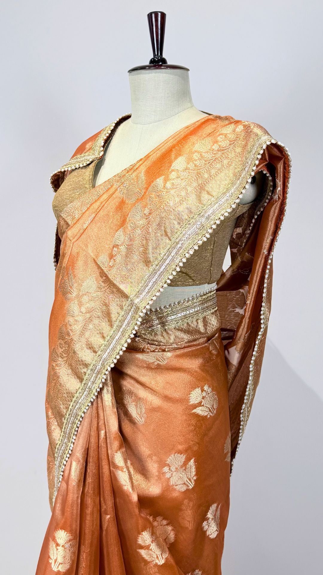 Orange Tissue Saree with Moti Lace Border