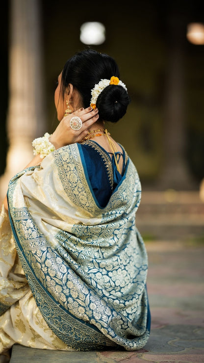 Pure Silk Handloom Khaddi Munga Saree – Cream with Blue Jungle Zari Border