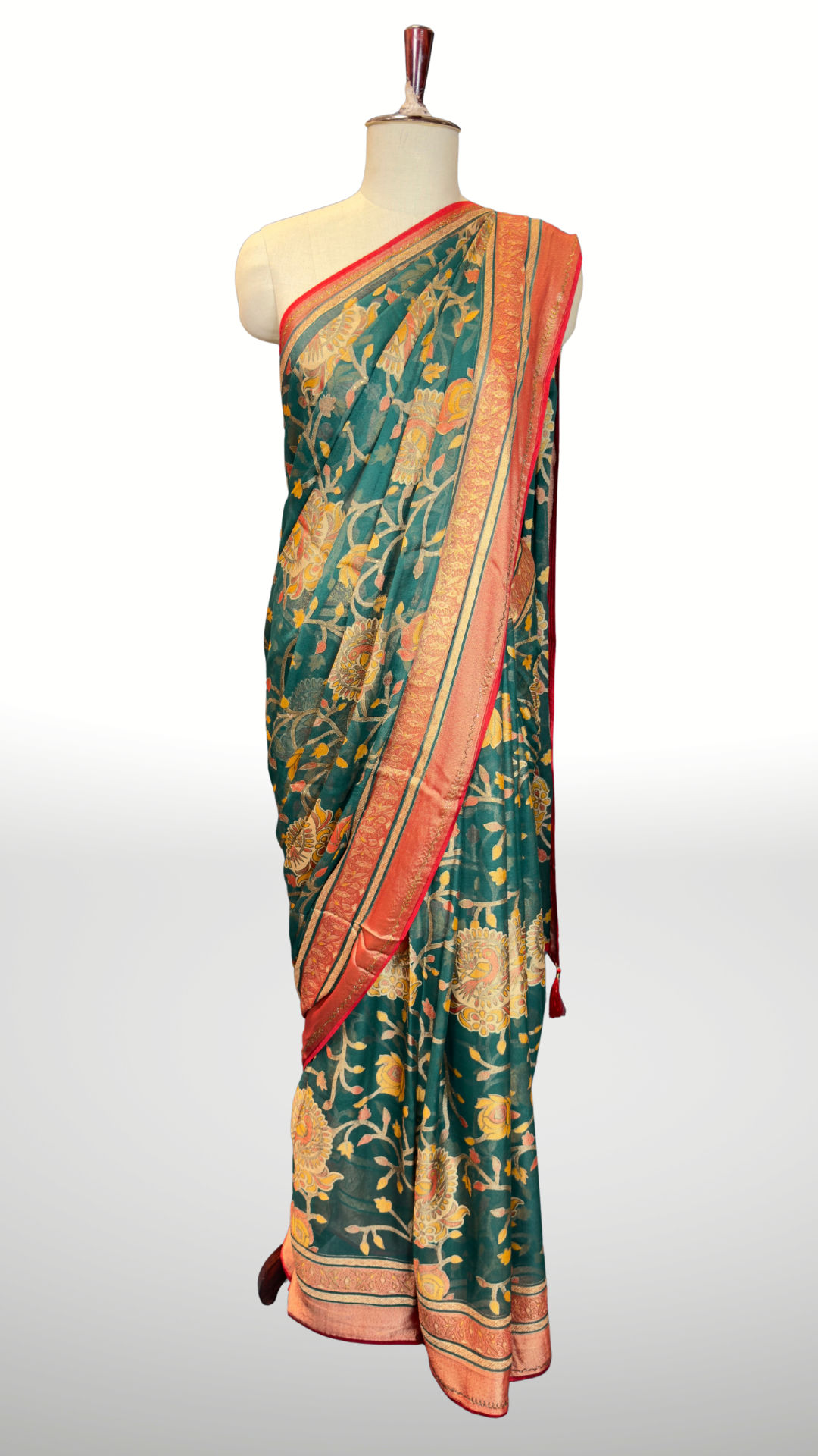 Banarashe Teal Green Floral Printed Georgette Saree with Peach & Gold Traditional Border
