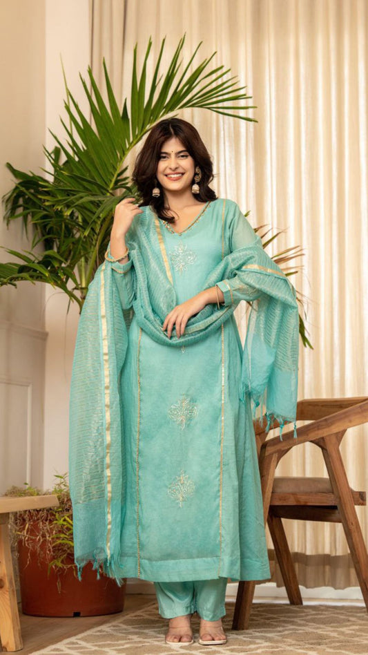 Premium Mul Chanderi Embroidered Suit Set