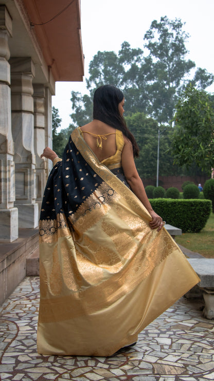 Black and Gold Border Katan Mashru Silk Saree