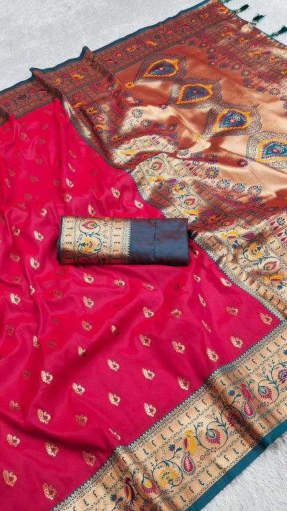 Rani Pink Paithani Silk Saree with Meenakari Zari & Peacock Pallu