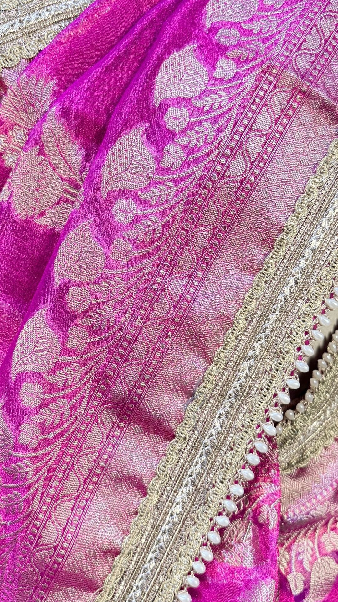 Rani Pink Tissue Saree with Moti Lace Border