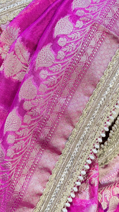 Rani Pink Tissue Saree with Moti Lace Border