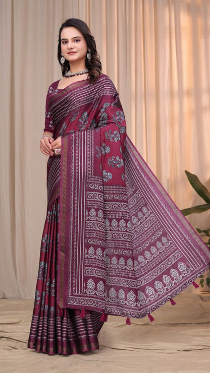 Elegant Wine Mal Cotton Saree with Designer Blouse Piece
