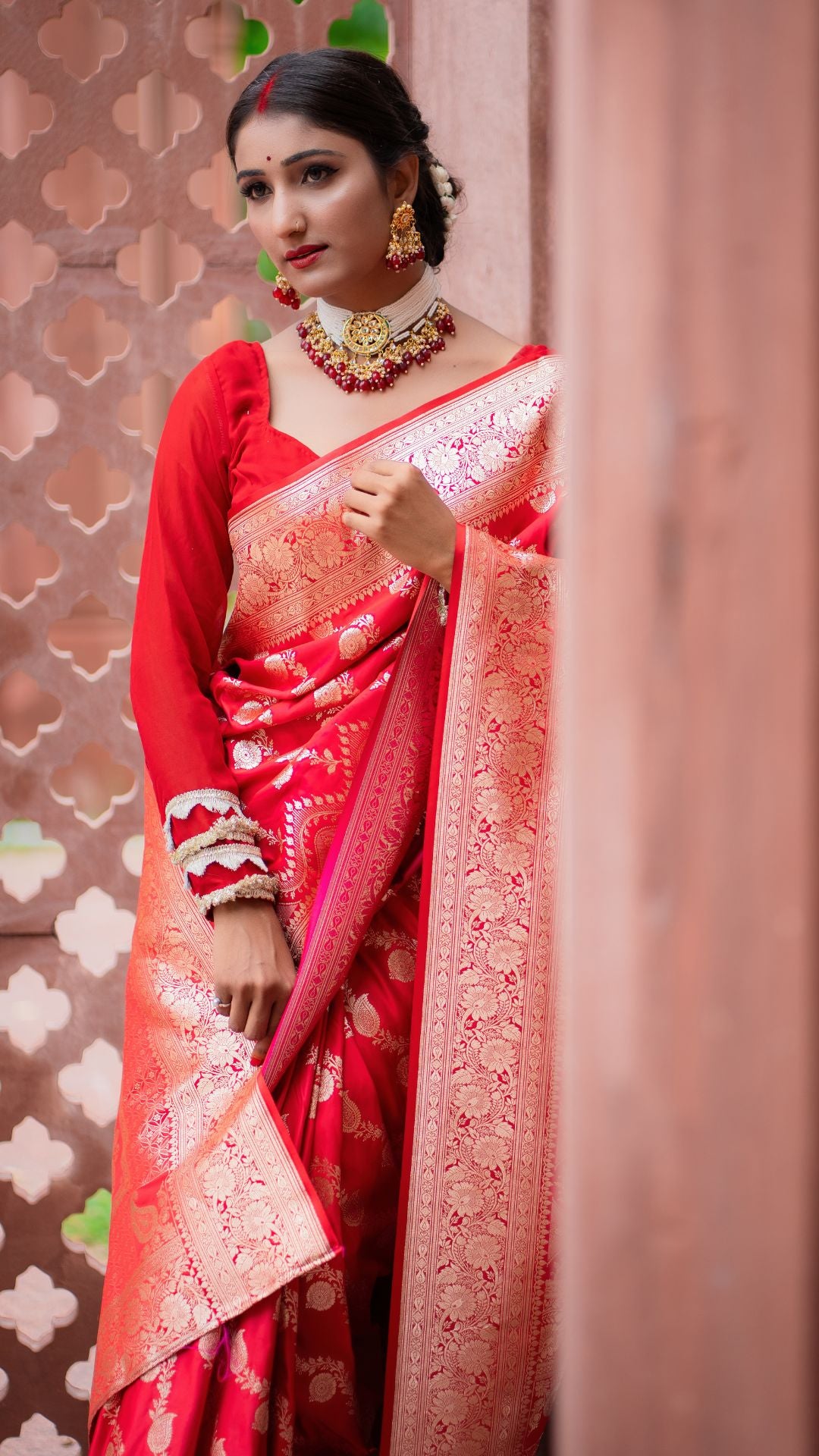 Durga Puja Special Red Banarasi Katan Silk Saree