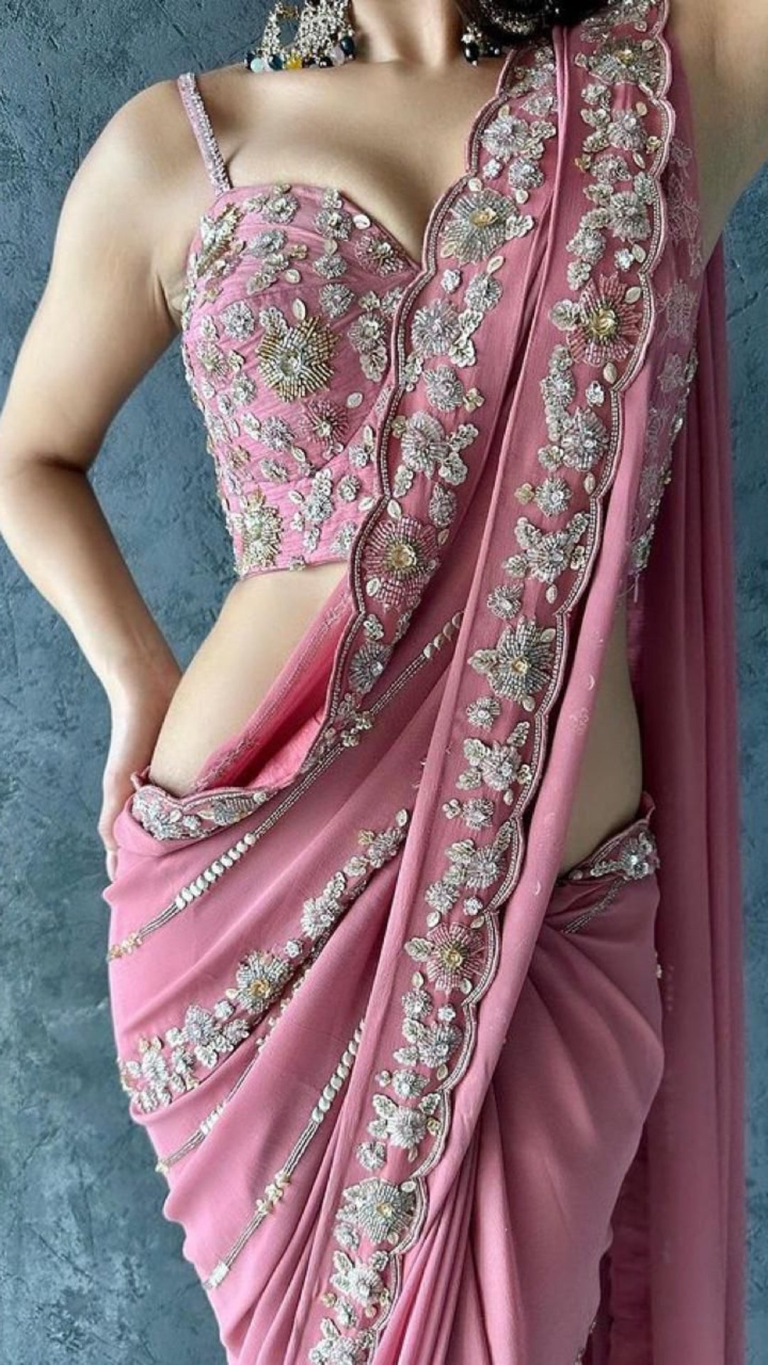 Pink Georgette C-Pallu Saree with Cut-Work