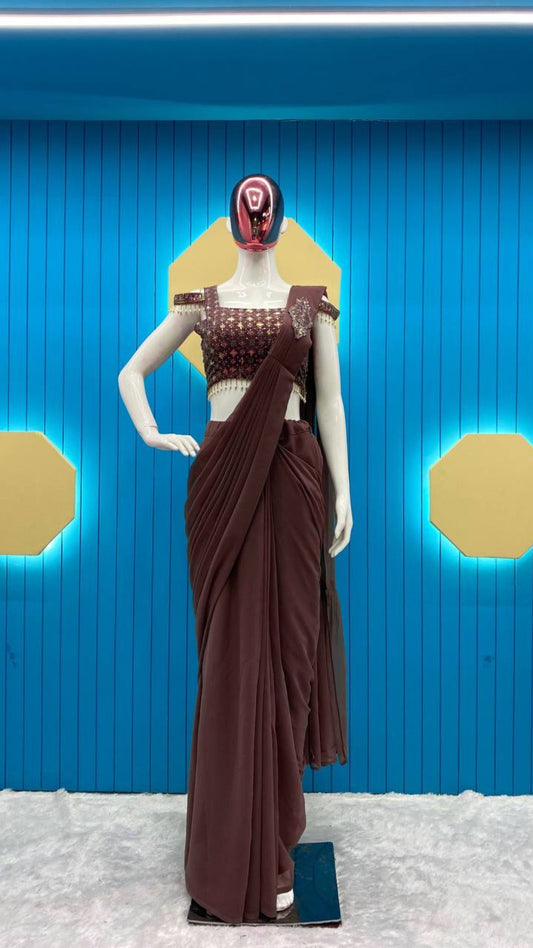 Deep Coffee Brown Ready-to-Wear Georgette Saree