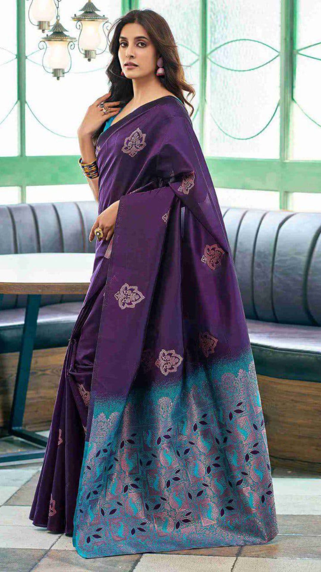 Purple Soft Lichi Silk Saree with Rich Teal Jacquard Pallu & Contrast Blouse