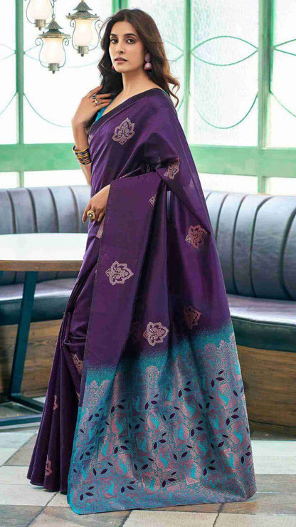 Purple Soft Lichi Silk Saree with Rich Teal Jacquard Pallu & Contrast Blouse