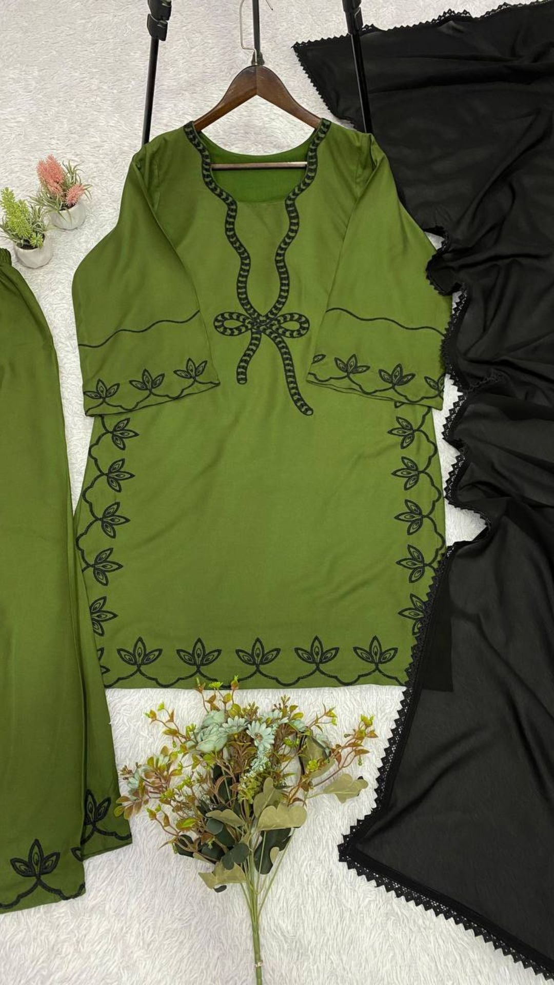 Olive Green Pakistani Embroidered Kurta Palazzo Dupatta Set For Women