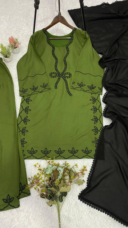 Olive Green Pakistani Embroidered Kurta Palazzo Dupatta Set For Women