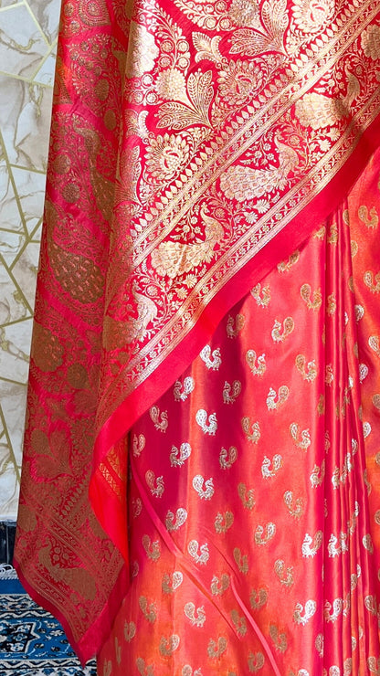Regal Rani Pink and Orange Dual-Tone Banarasi Silk Saree with Gold Zari Paisley Weave