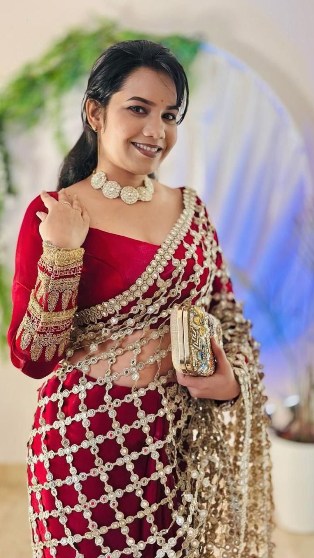 Designer Mirror Work Satin & Organza Saree