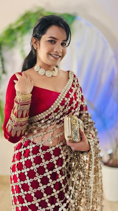 Designer Mirror Work Satin & Organza Saree