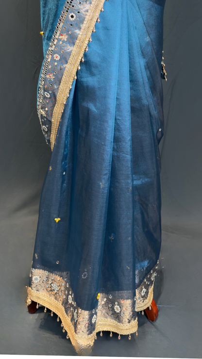 Blue Tissue Ghungroo Mirror Work Saree