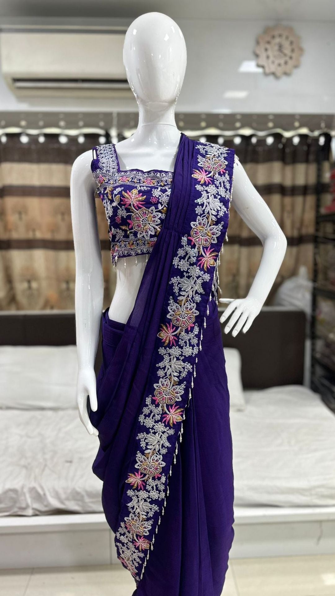 Purple Ready-to-Wear Chinon Saree with Embroidered Koti Jacket & Banglori Silk Blouse