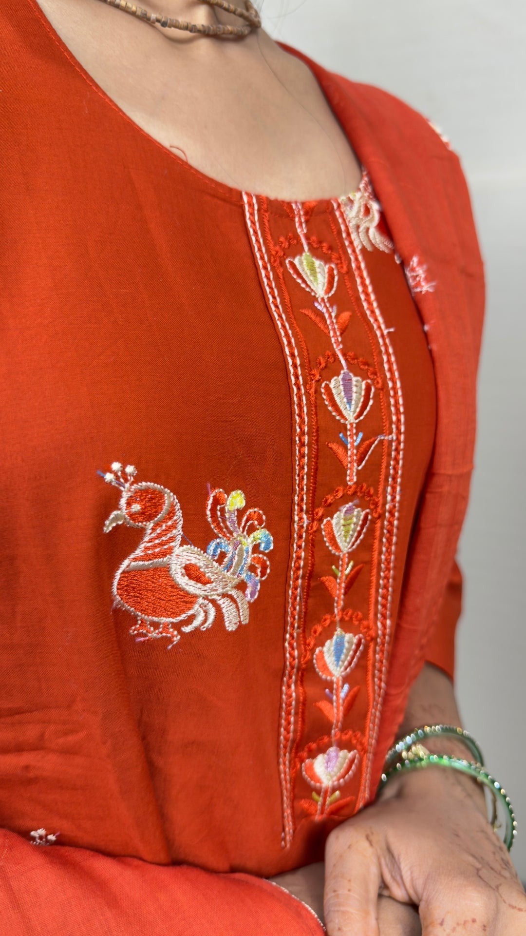 Women’s Orange Pure Cotton Embroidered Kurta Pant & Dupatta Set