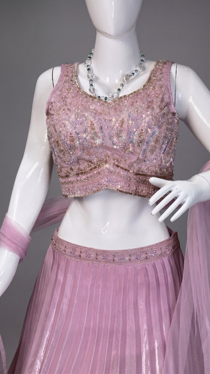 The Royal Pink Embroidered Stitched Lehenga & Crop Top Set