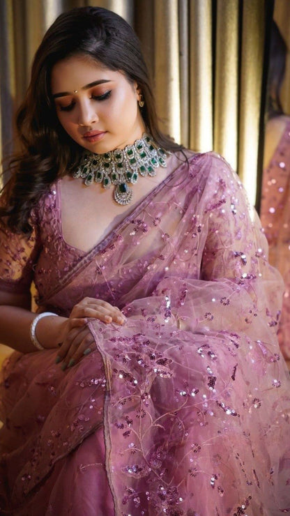 Pink Designer Party Wear Saree with Heavy Sequin Embroidery Work on Butterfly Net Fabric