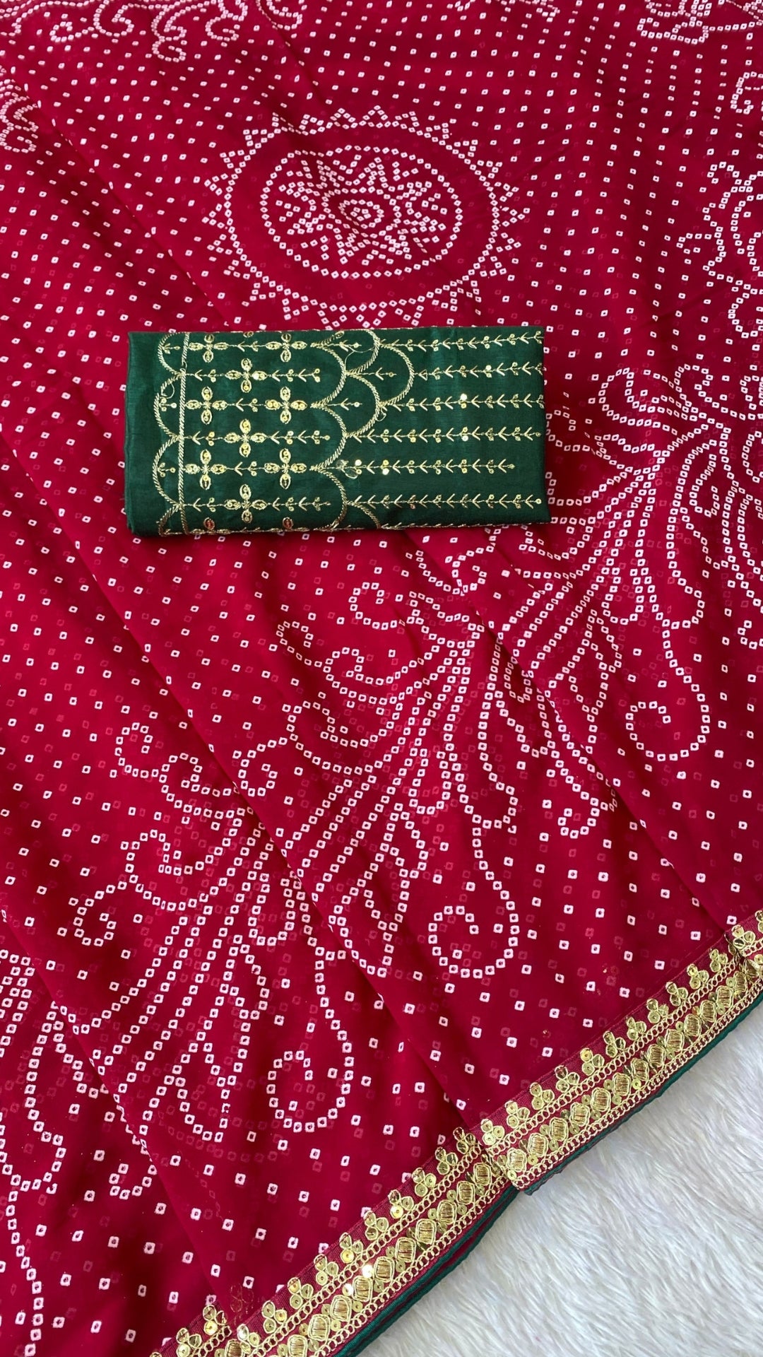 Rani Pink Georgette Bandhani Saree with Bottle Green Contrast Blouse