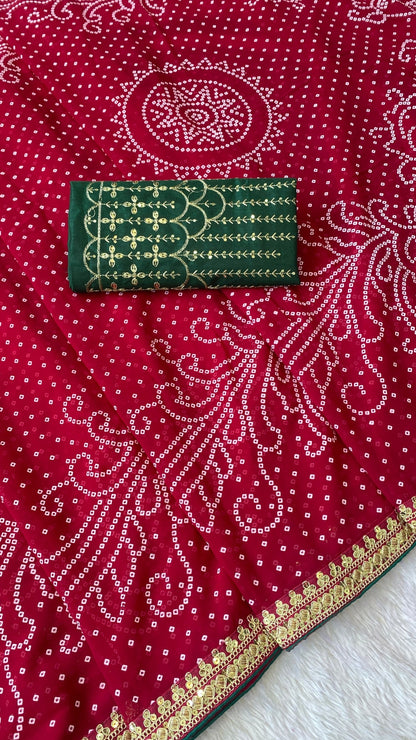 Rani Pink Georgette Bandhani Saree with Bottle Green Contrast Blouse
