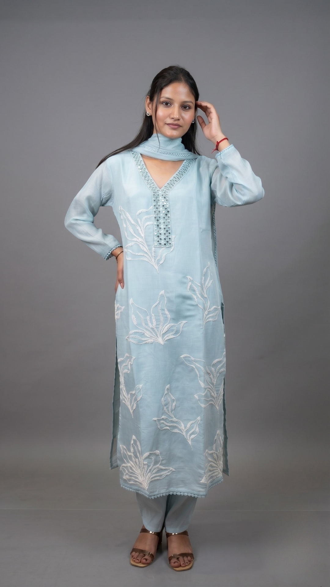 Royal Ice Blue Silk-Blend Suit with Mirror Work Neckline