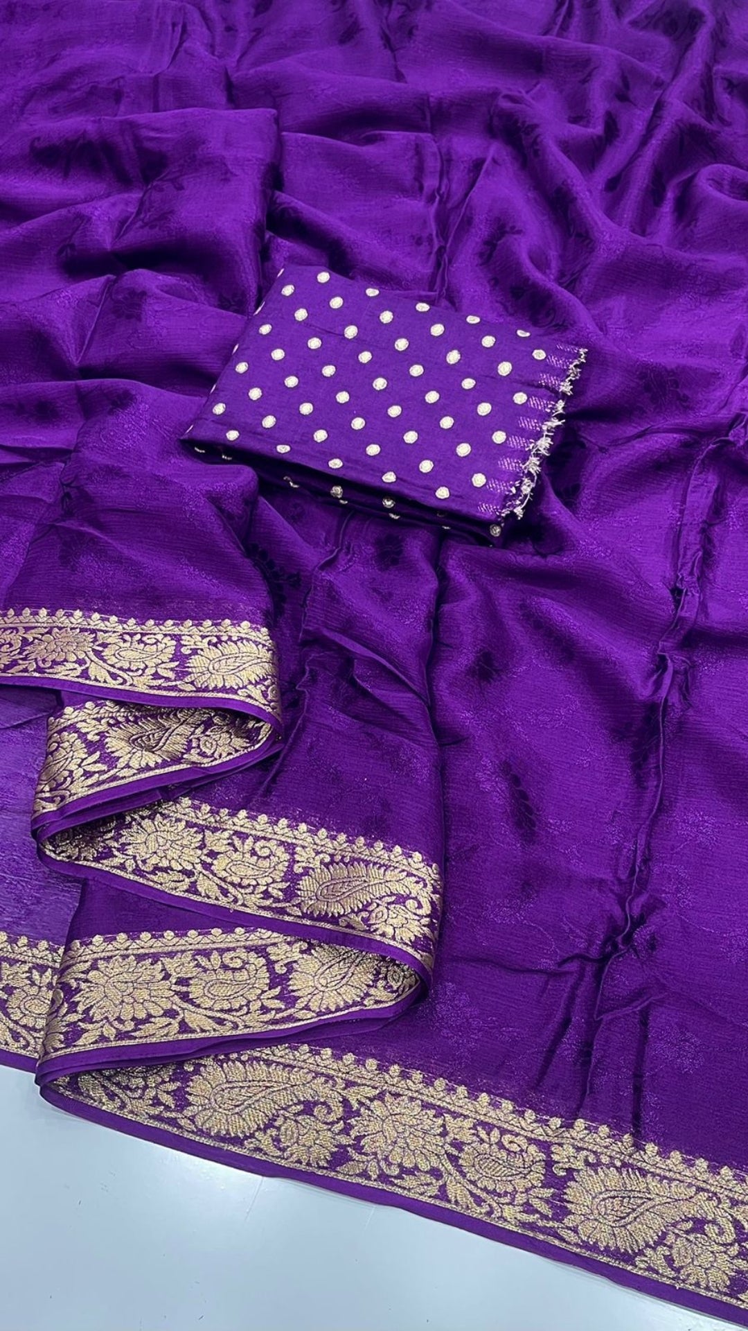 Royal Purple Pure Chinon Chiffon Saree with Antique Zari Weaving Border