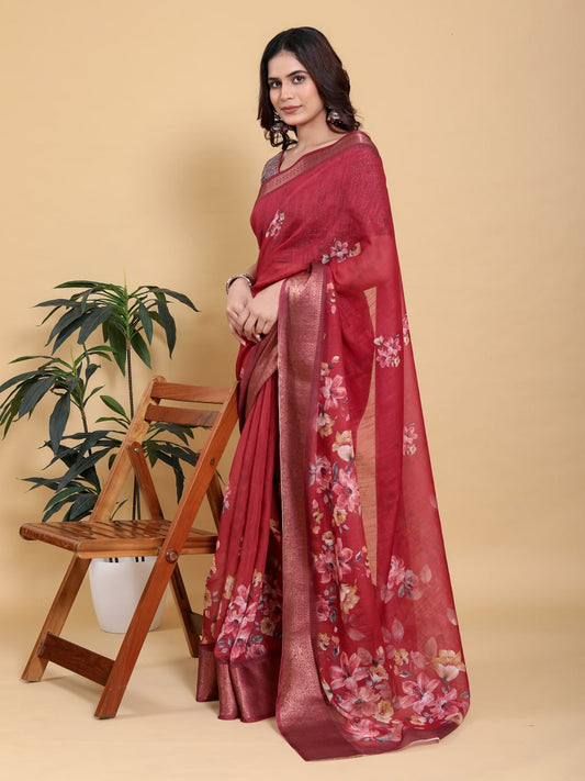 Rich Maroon Floral Print Saree with Metallic Zari Border