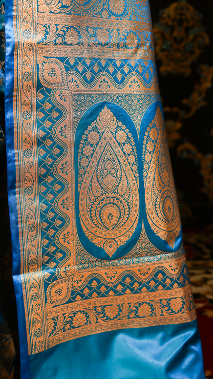 Azure Bloom Banarasi Silk Saree with Silver Zari Elegance