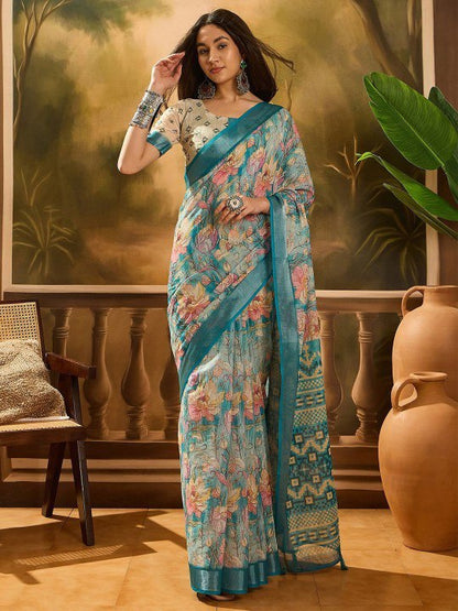 Aqua-Lined Spring Floral Linen Cotton Saree