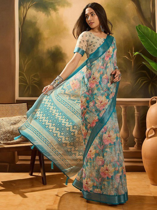 Aqua-Lined Spring Floral Linen Cotton Saree
