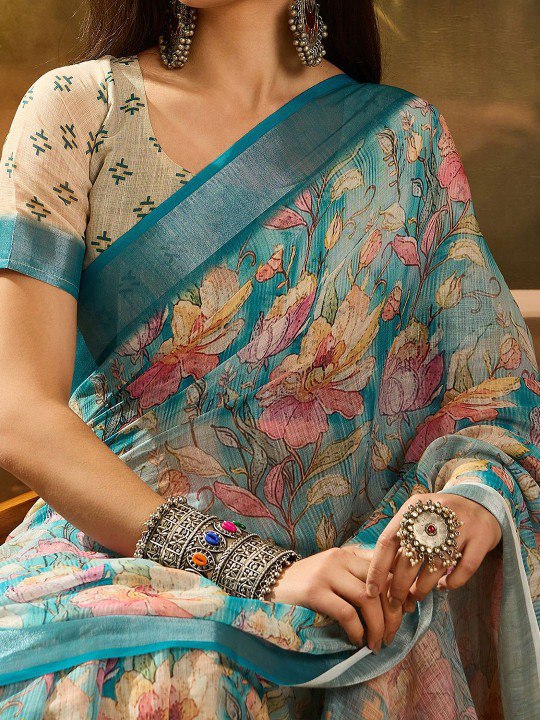 Aqua-Lined Spring Floral Linen Cotton Saree