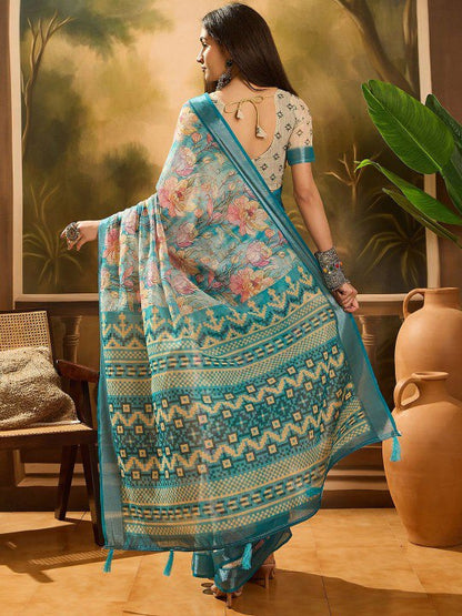 Aqua-Lined Spring Floral Linen Cotton Saree