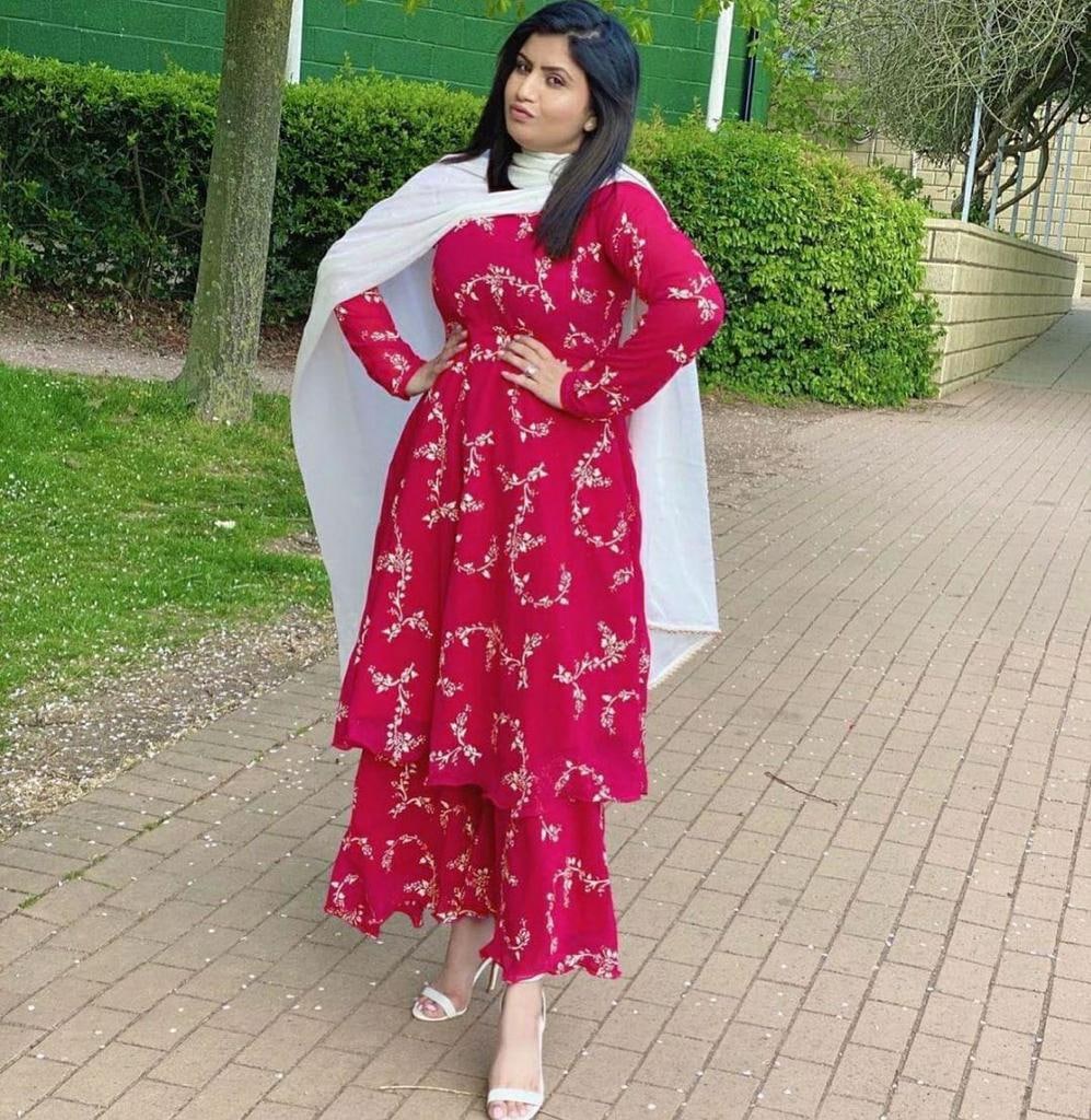 Vibrant Fuchsia Embroidered Georgette Kurti & Sharara Set