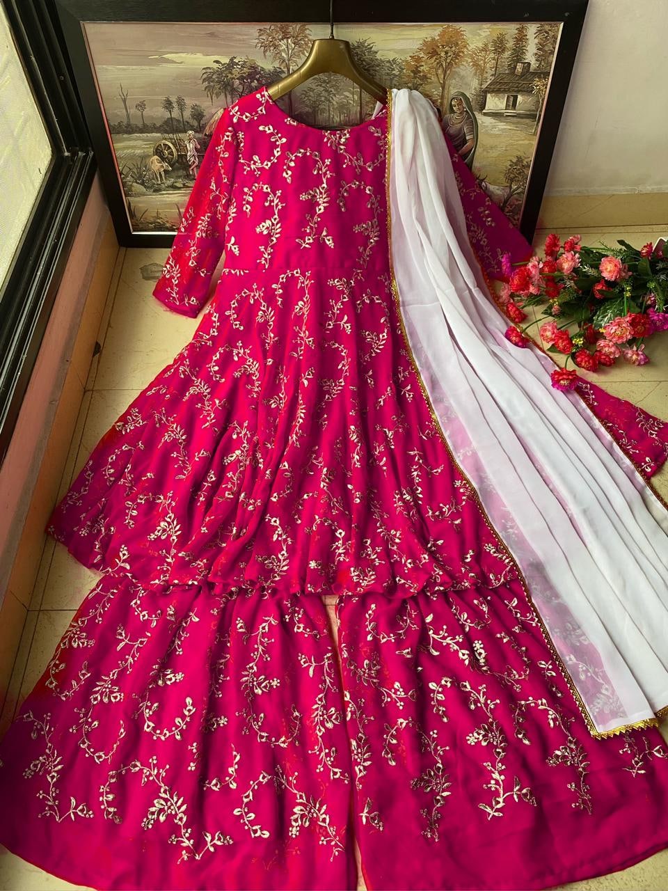 Vibrant Fuchsia Embroidered Georgette Kurti & Sharara Set