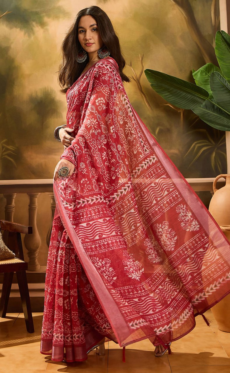 Linen Cotton - Crimson Block Saree