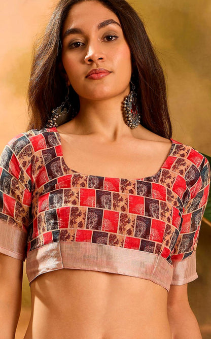 Pink Multicolor Check Linen Cotton Saree