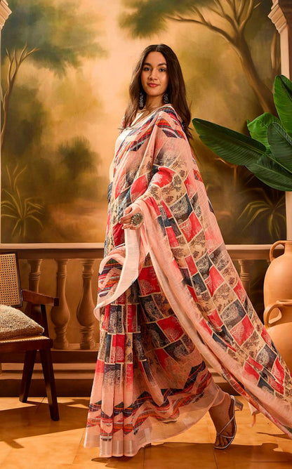 Pink Multicolor Check Linen Cotton Saree