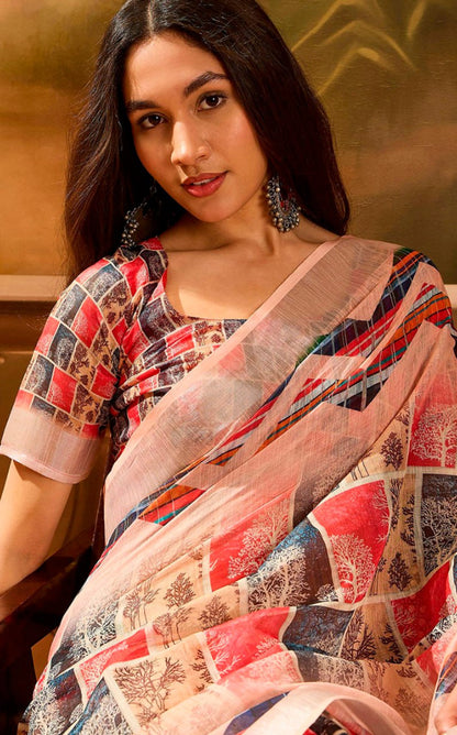 Pink Multicolor Check Linen Cotton Saree